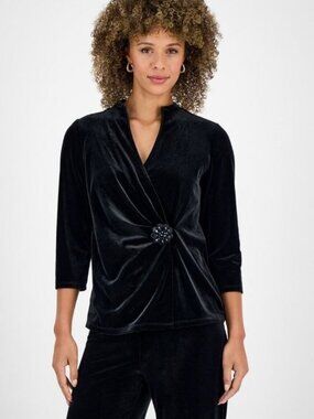 $79 Kasper Women's 3/4-Sleeve Faux-Wrap Velvet Top, Petite Size PL